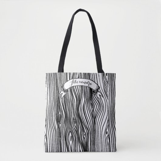 Gepersonaliseerd zwart-wit houten korrelpatroon tote bag (Voorkant)
