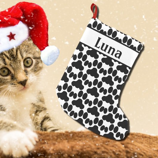 gepersonaliseerd zwart-wit kattenpoeppatroon kleine kerstsok