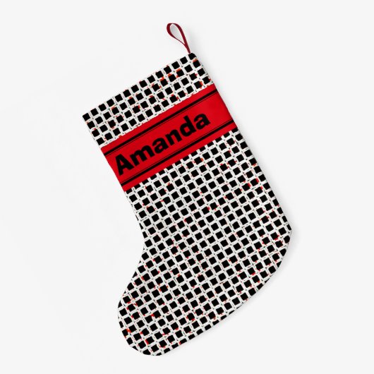 Gepersonaliseerd zwart wit rood elegant patroon kleine kerstsok (Achterkant (Hangend))