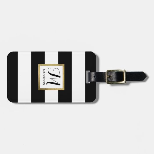 Gepersonaliseerd zwart-wit Striped Gold monogram Bagagelabel (Voorkant horizontaal)
