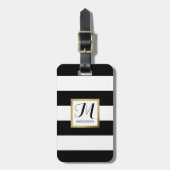 Gepersonaliseerd zwart-wit Striped Gold monogram Bagagelabel (Voorkant verticaal)