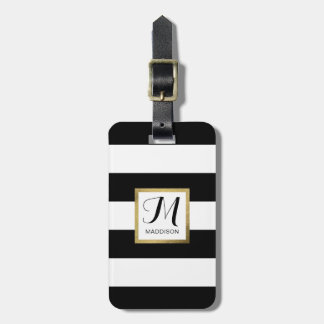 Gepersonaliseerd zwart-wit Striped Gold monogram Bagagelabel