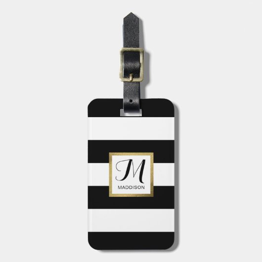 Gepersonaliseerd zwart-wit Striped Gold monogram Bagagelabel (Voorkant verticaal)