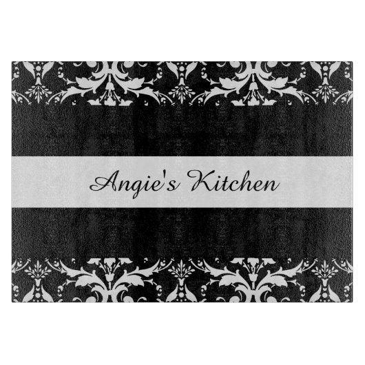 Gepersonaliseerd zwarte en witte Damask Kitchen Ga Snijplank (Voorkant)