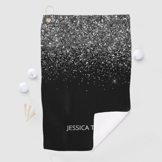 Gepersonaliseerd zwarte Glitter Modern Monogram Na Golfhanddoek (Insitu)