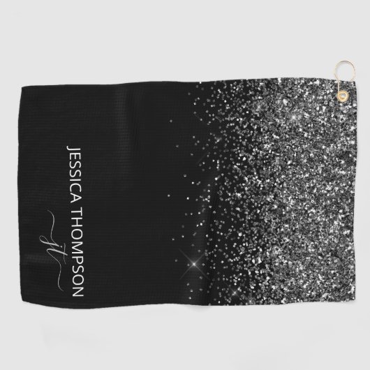 Gepersonaliseerd zwarte Glitter Modern Monogram Na Golfhanddoek (Horizontaal)