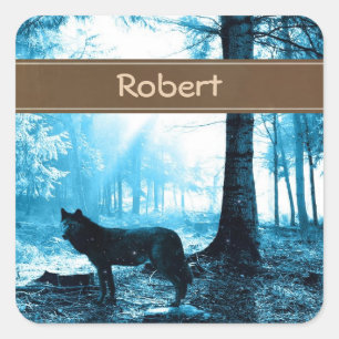 Gepersonaliseerd Zwarte Wolf Alleen in het Bos Vierkante Sticker