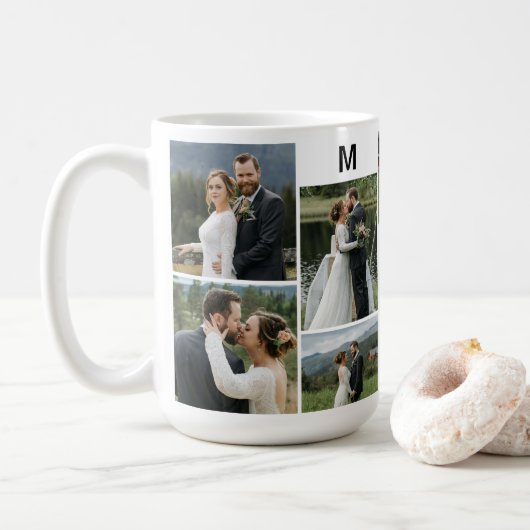 Gepersonaliseerde 10 Foto met Paar Naam & Monogram Koffiemok (Met donut)