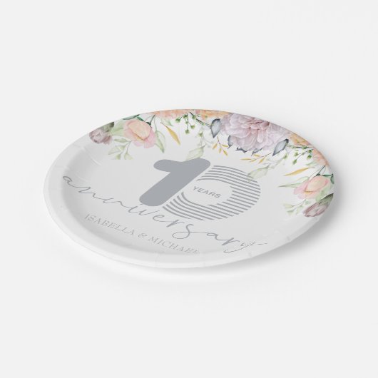 Gepersonaliseerde 10e bruiloft Jubileum Bloemen Papieren Bordje (Gekanteld)