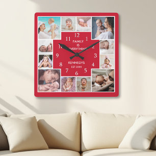 Gepersonaliseerde 12 familie foto collage rood en  vierkante klok