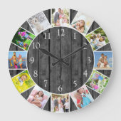 Gepersonaliseerde 12 Photo Collage Gray Wood Round Grote Klok (Voorkant)