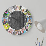 Gepersonaliseerde 12 Photo Collage Gray Wood Round Grote Klok<br><div class="desc">Creëer uw eigen unieke muurklok. Het fotomalplaatje is opstelling klaar voor u om 12 van uw favoriete foto's toe te voegen. Voeg uw afbeeldingen toe die met de klok mee van de bovenkant werken en schakel hen rond om de blik te krijgen u wilt. Dit donkergrijze en zwarte houten ontwerp...</div>