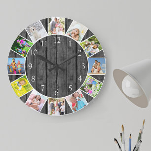 Gepersonaliseerde 12 Photo Collage Gray Wood Round Grote Klok