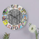 Gepersonaliseerde 12 Photo Collage Gray Wood Round Grote Klok<br><div class="desc">Creëer uw eigen unieke muurklok. Het fotomalplaatje is opstelling klaar voor u om 12 van uw favoriete foto's toe te voegen. Voeg uw afbeeldingen toe die met de klok mee van de bovenkant werken en schakel hen rond om de blik te krijgen u wilt. Dit grijze en zwarte houten ontwerp...</div>