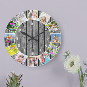 Gepersonaliseerde 12 Photo Collage Gray Wood Round Grote Klok