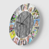 Gepersonaliseerde 12 Photo Collage Gray Wood Round Grote Klok (Hoek)
