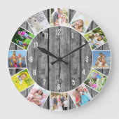 Gepersonaliseerde 12 Photo Collage Gray Wood Round Grote Klok (Voorkant)