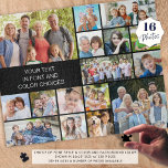 Gepersonaliseerde 16 Fotocollage aangepaste kleur Legpuzzel<br><div class="desc">Creëer Een fotogeheugenpuzzel met behulp van deze eenvoudig te uploaden sjabloon voor fotocollage met 16 afbeeldingen in verschillende vormen en maten en gepersonaliseerd met uw aangepaste tekst in uw keuze van tekstlettertypestijlen, kleur, grootte en plaatsing en achtergrondkleur (weergegeven in wit op zwart). ASSISTENTIE: Voor hulp bij het aanpassen of personaliseren...</div>