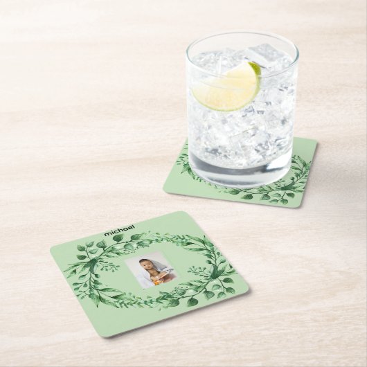 Gepersonaliseerde 1-afbeelding eucalyptusbladeren kartonnen onderzetters (Insitu)