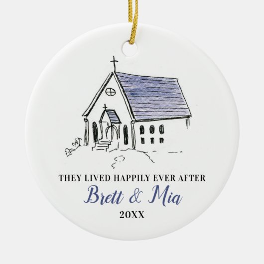 Gepersonaliseerde 1 e kersthuwelijkskapel keramisch ornament (Voorkant)