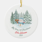 Gepersonaliseerde 1e kerst sneeuwpop met foto keramisch ornament (Voorkant)