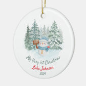 Gepersonaliseerde 1e kerst sneeuwpop met foto keramisch ornament (Links)