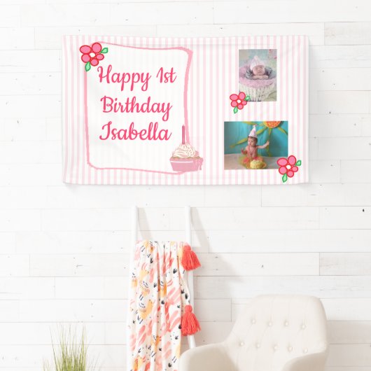 Gepersonaliseerde 1e Verjaardag Banner voor Meisje (Insitu)