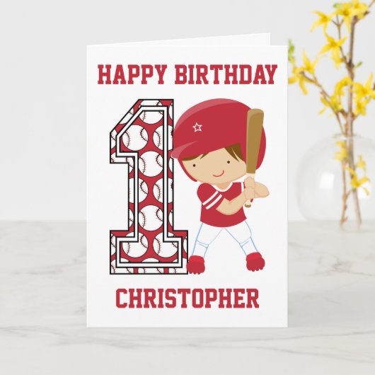 Gepersonaliseerde 1e Verjaardag Honkbal Batter Red Kaart (Gele Bloem)