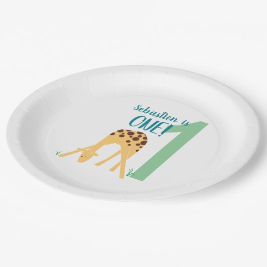 Gepersonaliseerde 1e Verjaardag Moderne Gele Giraf Papieren Bordje (Gekanteld)