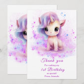 Gepersonaliseerde 1e Verjaardag Roze en Paarse Een Bedankkaart (Voorkant / Achterkant)
