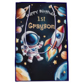 Gepersonaliseerde 1e Verjaardag Ruimte-Thema Gift  Medium Cadeauzakje (Voorkant)