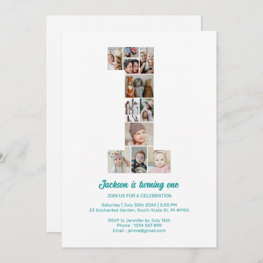 Gepersonaliseerde 1e verjaardag uitnodiging foto c (Voorkant / Achterkant)