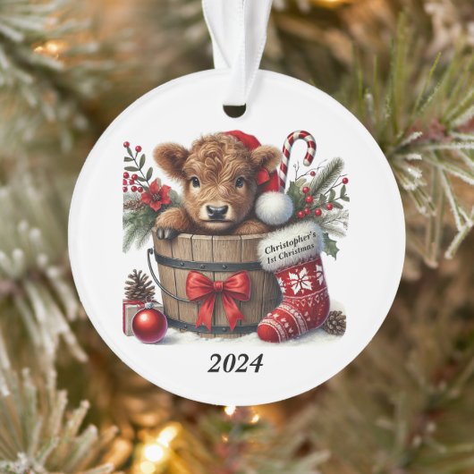 Gepersonaliseerde 1st Christmas Highland Koe Acryl Ornament (Boom)