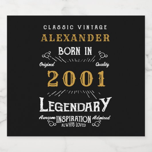 Gepersonaliseerde 20e geboortedag Geboren 2001 Zw Sparkling Wijnetiket (Enkel label)