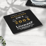 Gepersonaliseerde 21e Verjaardag Geboren 2004  Zwa Kartonnen Onderzetters<br><div class="desc">Een gepersonaliseerd ontwerp van een klassiek papieren onderzetter voor dat verjaardagsfeest voor iemand die in 2004 is geboren en 21 wordt. Voeg de naam toe aan dit retro-stijl zwart, wit en gouden ontwerp voor een aangepast 21e verjaardagscadeau. Bewerk eenvoudig de naam en het jaar met de sjabloon die u hebt...</div>