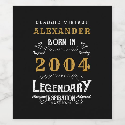 Gepersonaliseerde 21e Verjaardag Geboren 2004  Zwa Wijn Etiket (Enkel label)