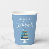 Gepersonaliseerde 21e verjaardag met blauwe en gou papieren bekers (Achterkant)