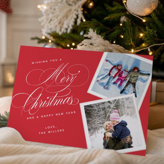 Gepersonaliseerde 2 foto collage script rood feestdagenkaart