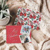 Gepersonaliseerde 2 foto collage script rood feestdagenkaart