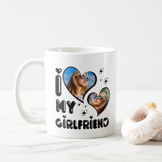 Gepersonaliseerde 2 foto Ik hou van mijn Vriendin Koffiemok (Met donut)