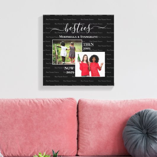 Gepersonaliseerde 2 foto nu dan BESTIES Canvas Afdruk (Insitu (Woonkamer))
