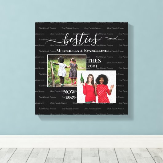 Gepersonaliseerde 2 foto nu dan BESTIES Canvas Afdruk (Insitu (Houten vloer))