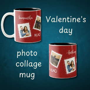 Gepersonaliseerde 2 foto's en namen op kersenrood tweekleurige koffiemok
