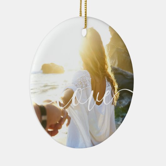 Gepersonaliseerde 2 foto's en script tekst liefde keramisch ornament (Rechts)