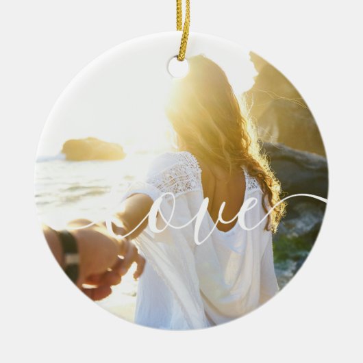 Gepersonaliseerde 2 foto's en script tekst liefde keramisch ornament (Voorkant)