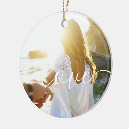 Gepersonaliseerde 2 foto's en script tekst liefde keramisch ornament (Links)