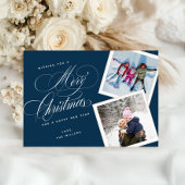 Gepersonaliseerde 2 Photo Collage Script Navy Blue Feestdagenkaart