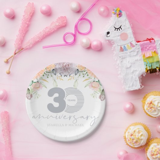 Gepersonaliseerde 30e bruiloft Jubileum Bloemen Papieren Bordje (Feest)