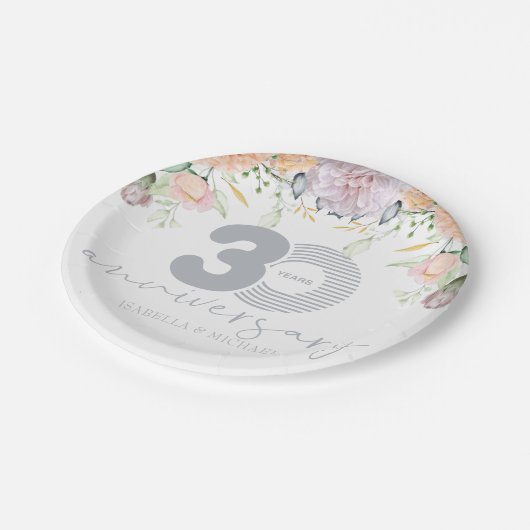 Gepersonaliseerde 30e bruiloft Jubileum Bloemen Papieren Bordje (Gekanteld)