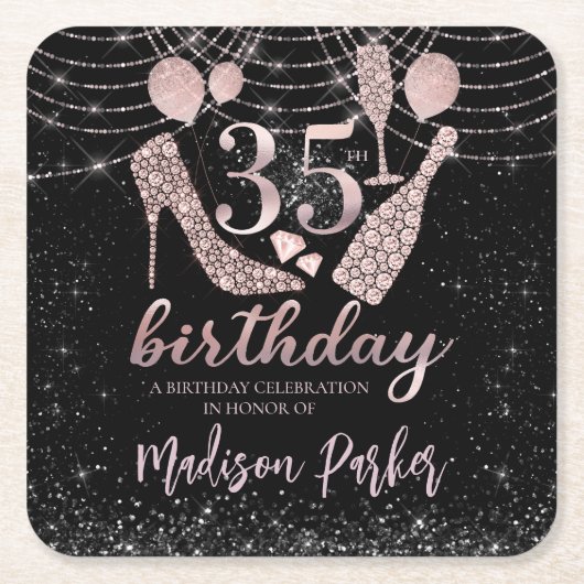 Gepersonaliseerde 35e verjaardag Roze zwarte glitt Kartonnen Onderzetters (Voorkant)